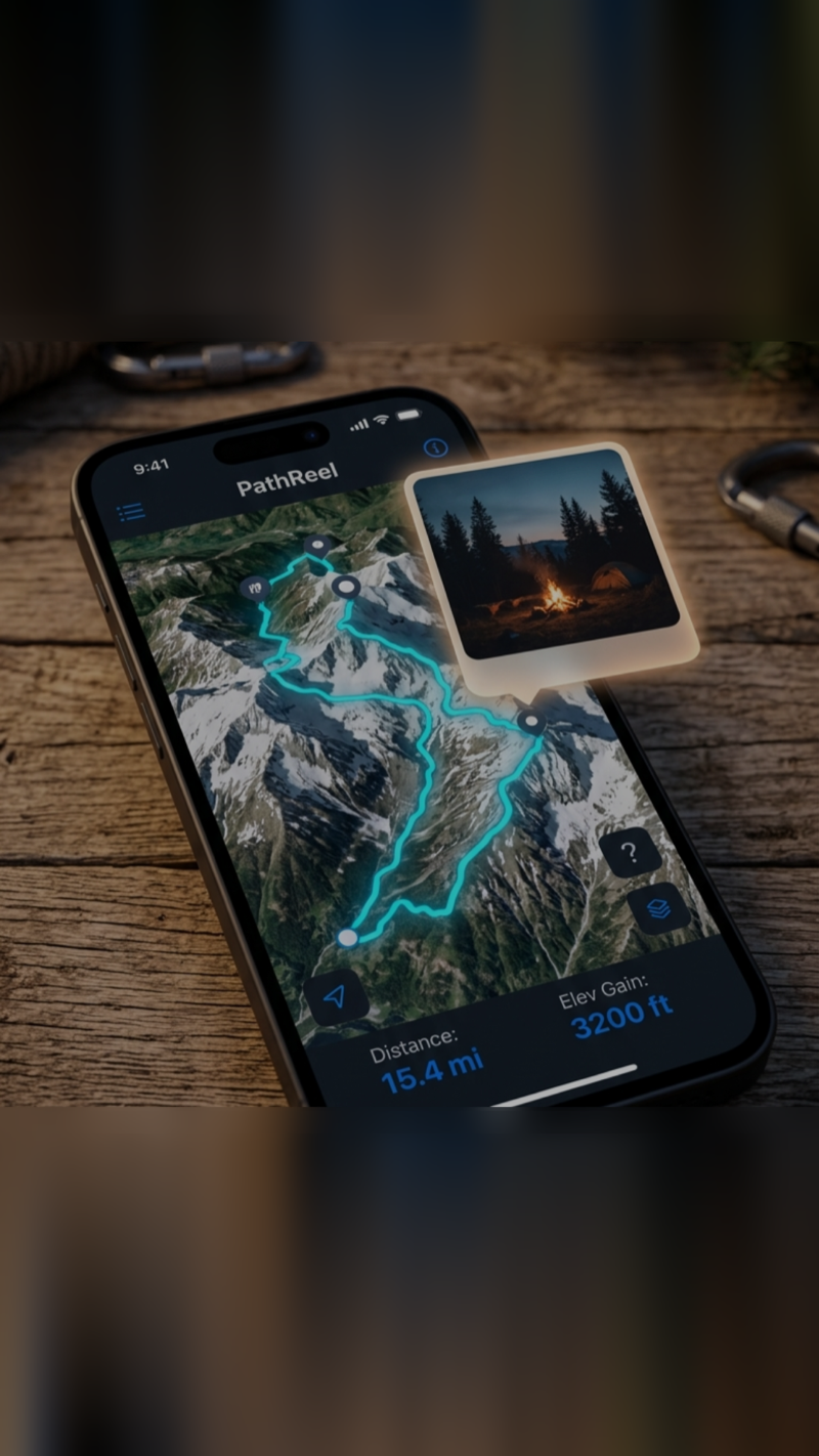 PathReel app showing a mountain bike route with photo card