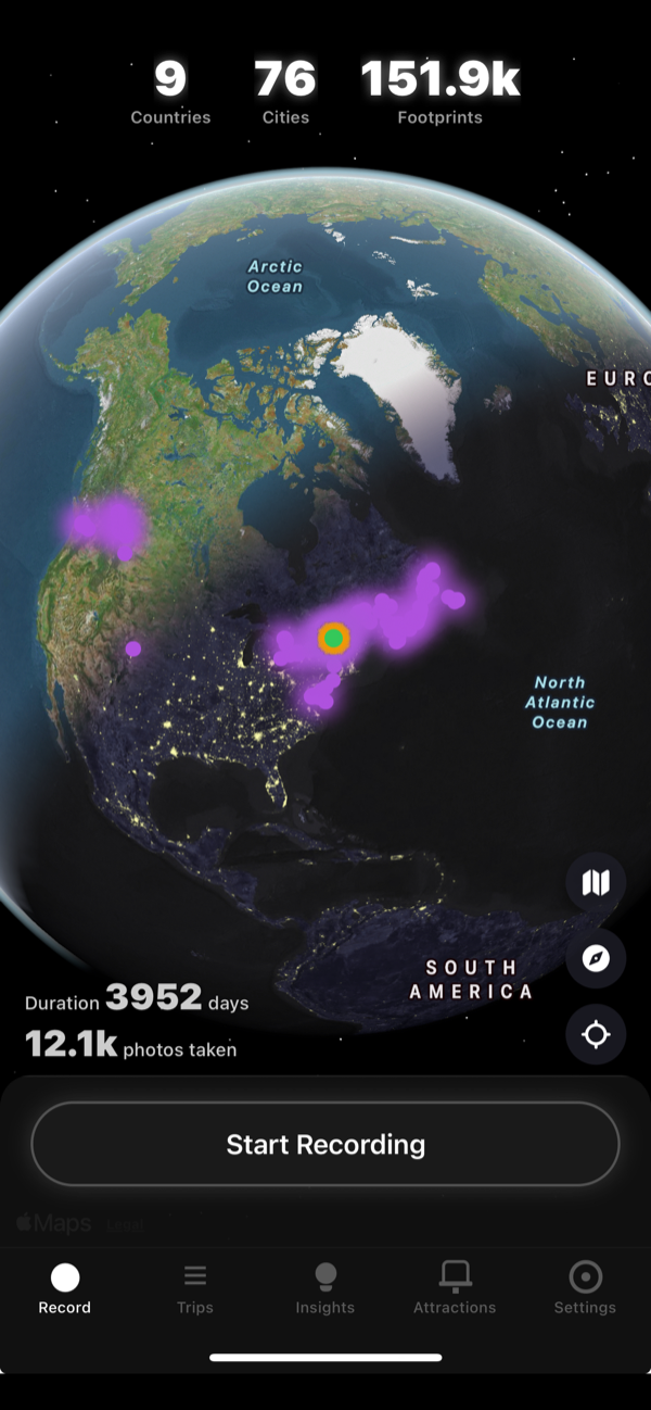 PathReel app showing footprints on Earth