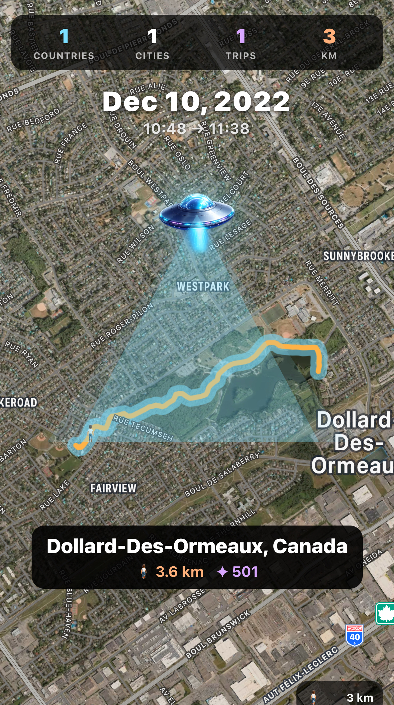 PathReel UFO Route Recap — light beam illuminating a walking trip in Dollard-Des-Ormeaux, Canada
